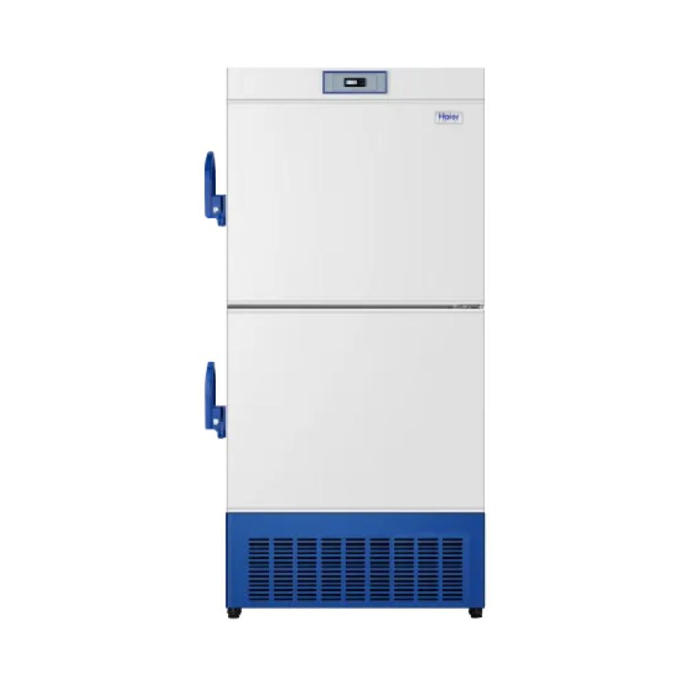 Front view of a -40℃ biomedical freezer with dual compartments, displaying closed doors.