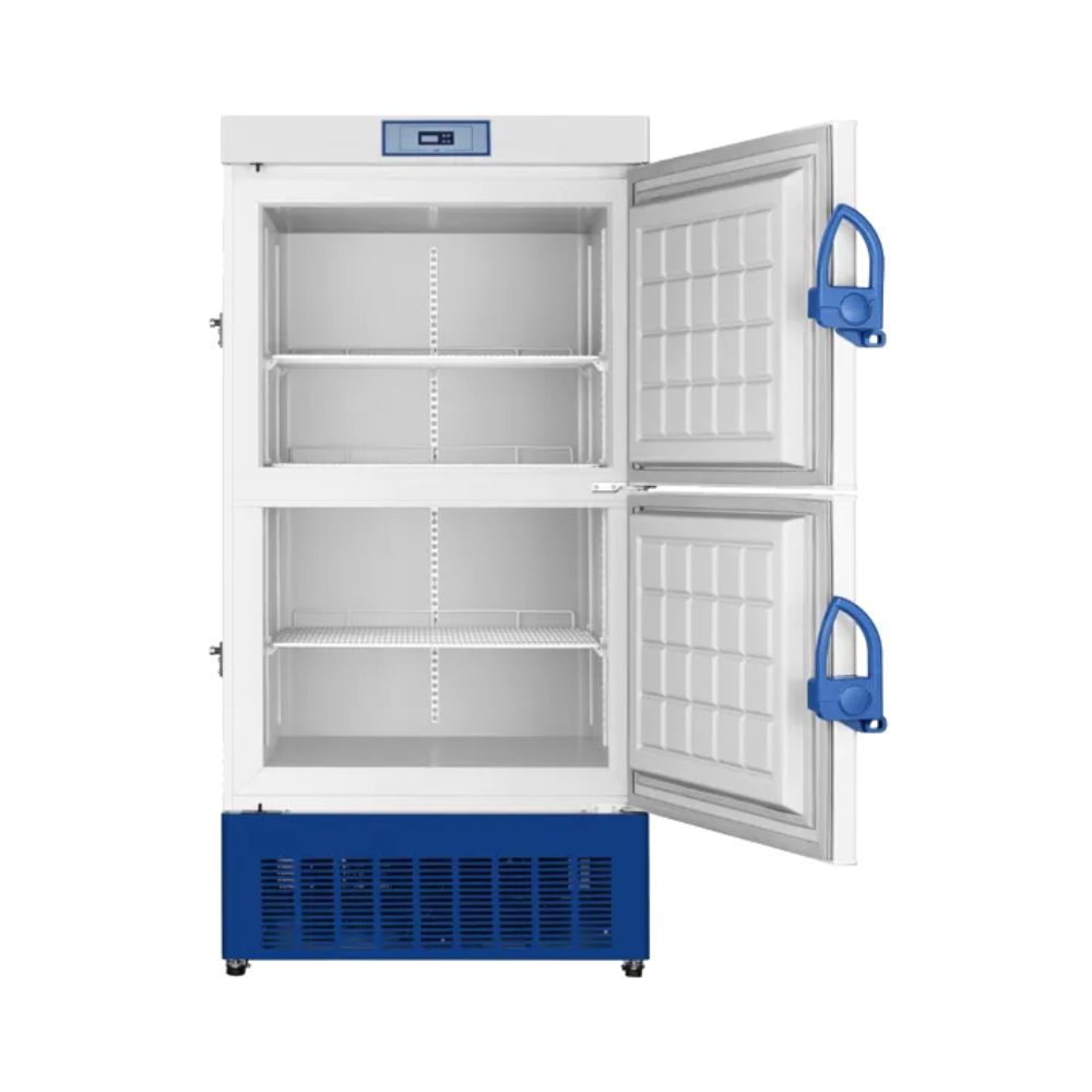 -40℃ Biomedical freezer showcasing spacious dual-door compartments with easy-to-grip blue handles.