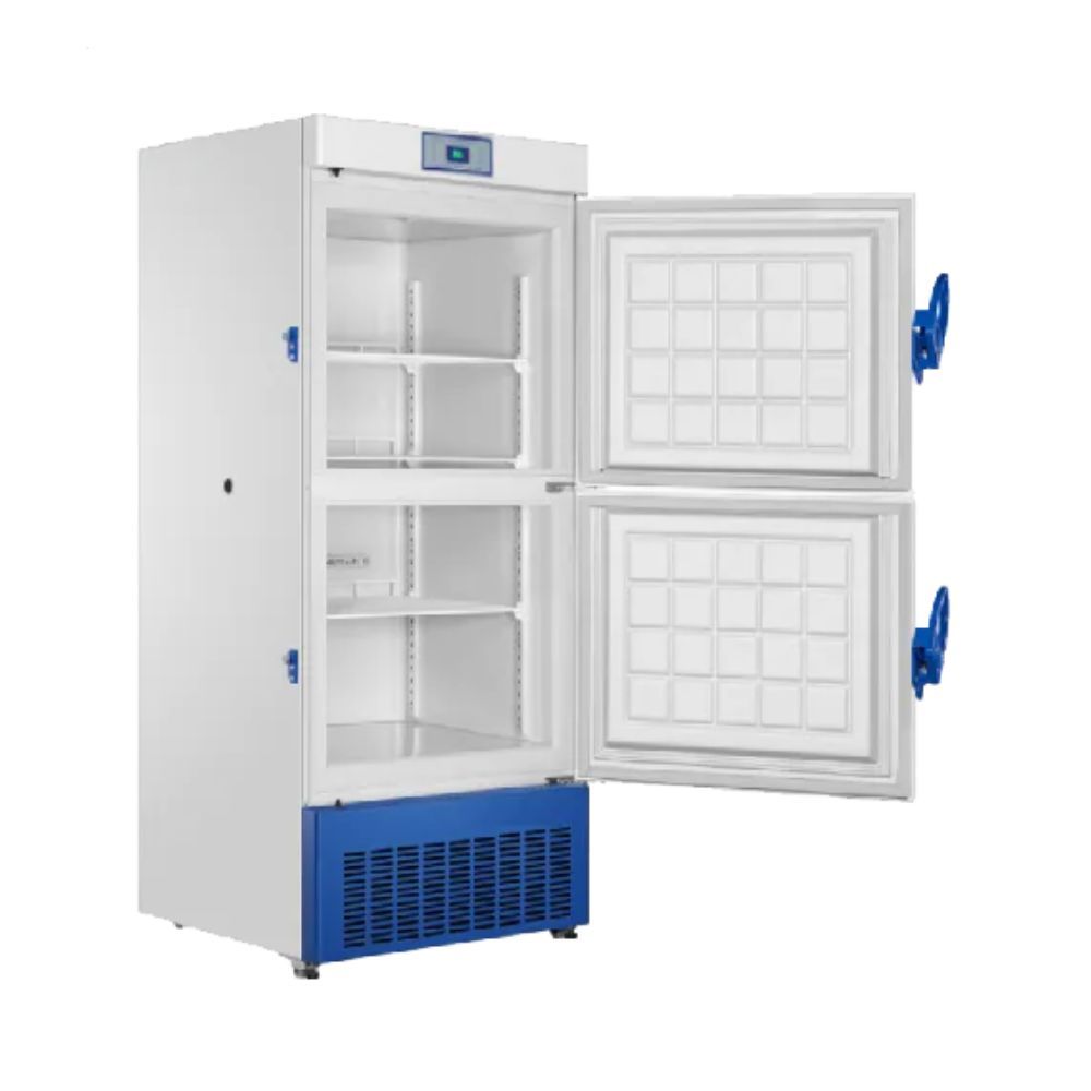 Biomedical freezer, doors open to reveal internal shelves, suitable for -40℃ storage needs.