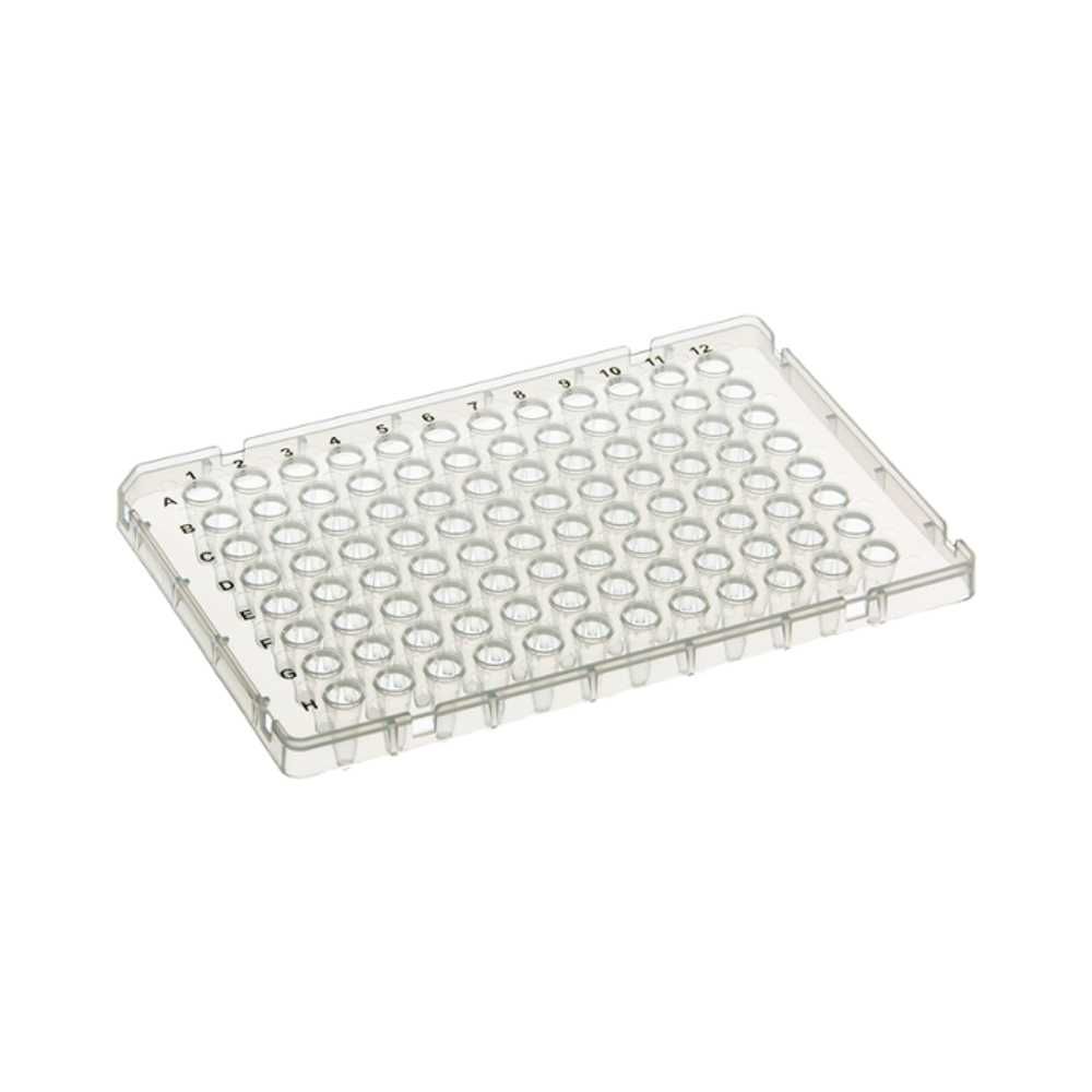 0.1ml PCR Plate, FAST®-Type, Low-Profile, Semi-Skirted, Clear, PK10, featuring a 96-well format with alphanumeric labeling for high-throughput PCR applications.