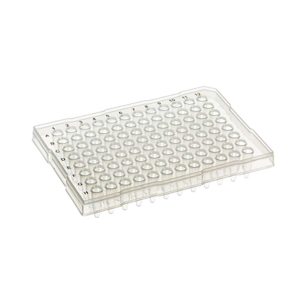 Clear 96-well PCR plate with raised rims, ideal for thermal cycling and molecular biology applications in the laboratory.