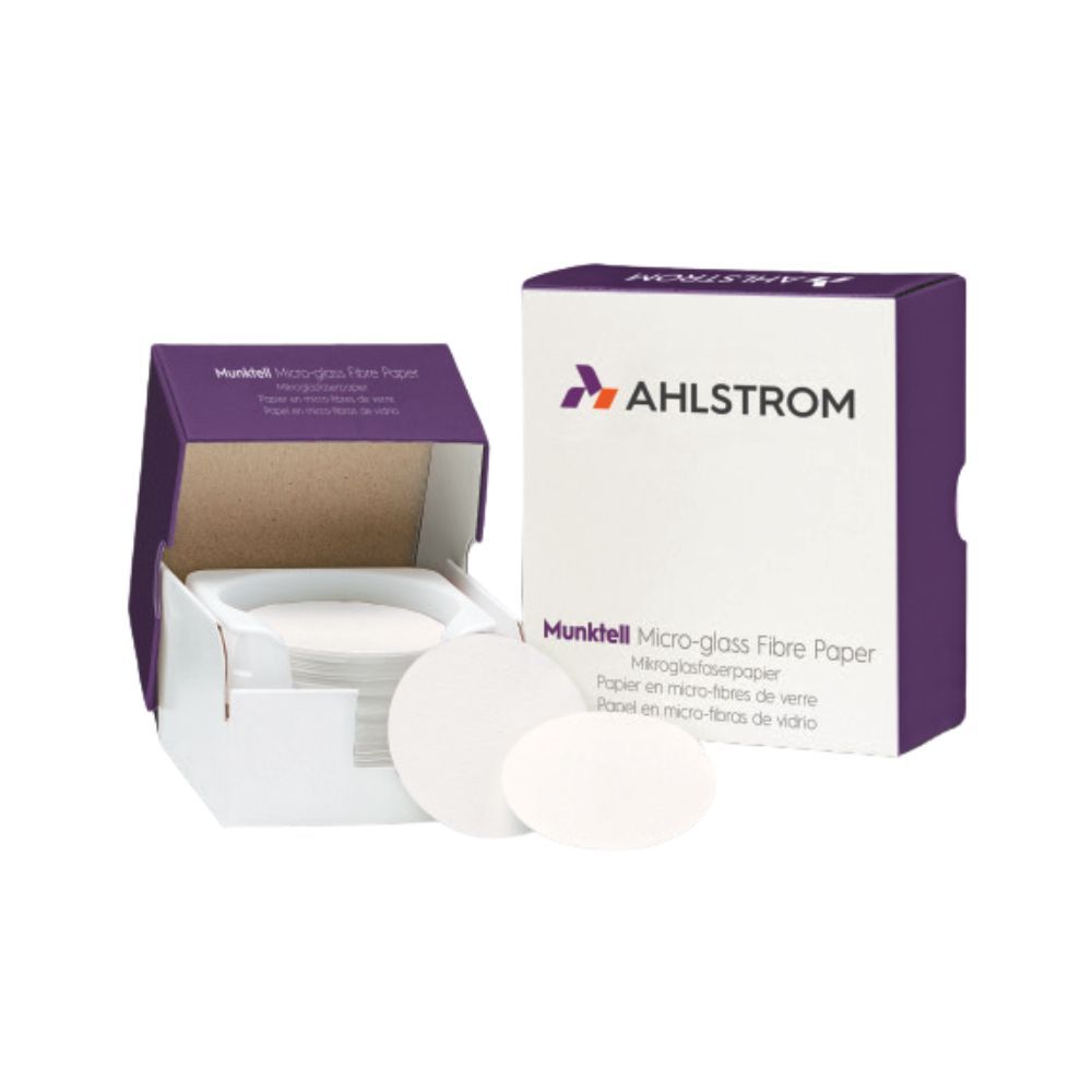 Ahlstrom branded box and open carton of Munktell Micro-glass Fibre Paper, displaying circular white Binder-Free Glass Microfiber Filters, 1.6um, 47mm used for laboratory filtration, with bilingual product labeling in English and French.
