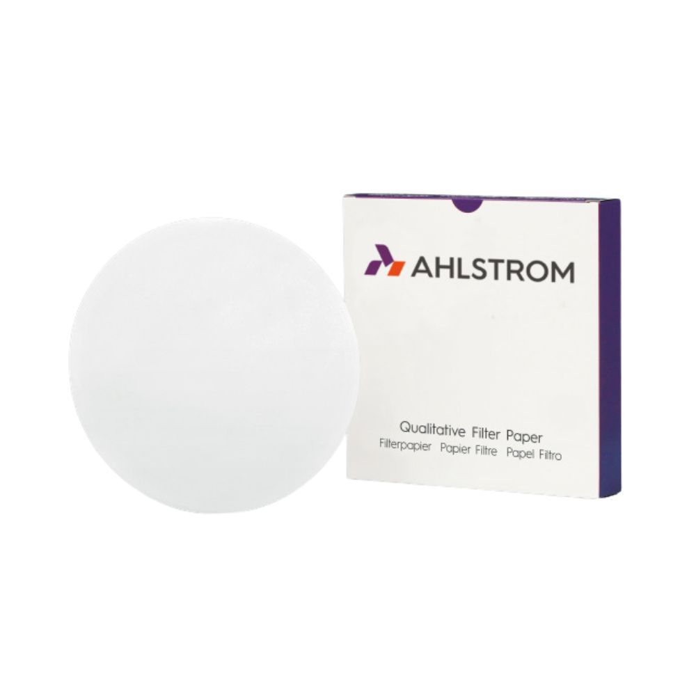 Ahlstrom Qualitative Filter Paper 3 hw 150mm shown with its box packaging; the white circular filter paper is displayed beside the branded box labeled with “Qualitative Filter Paper” in multiple languages.