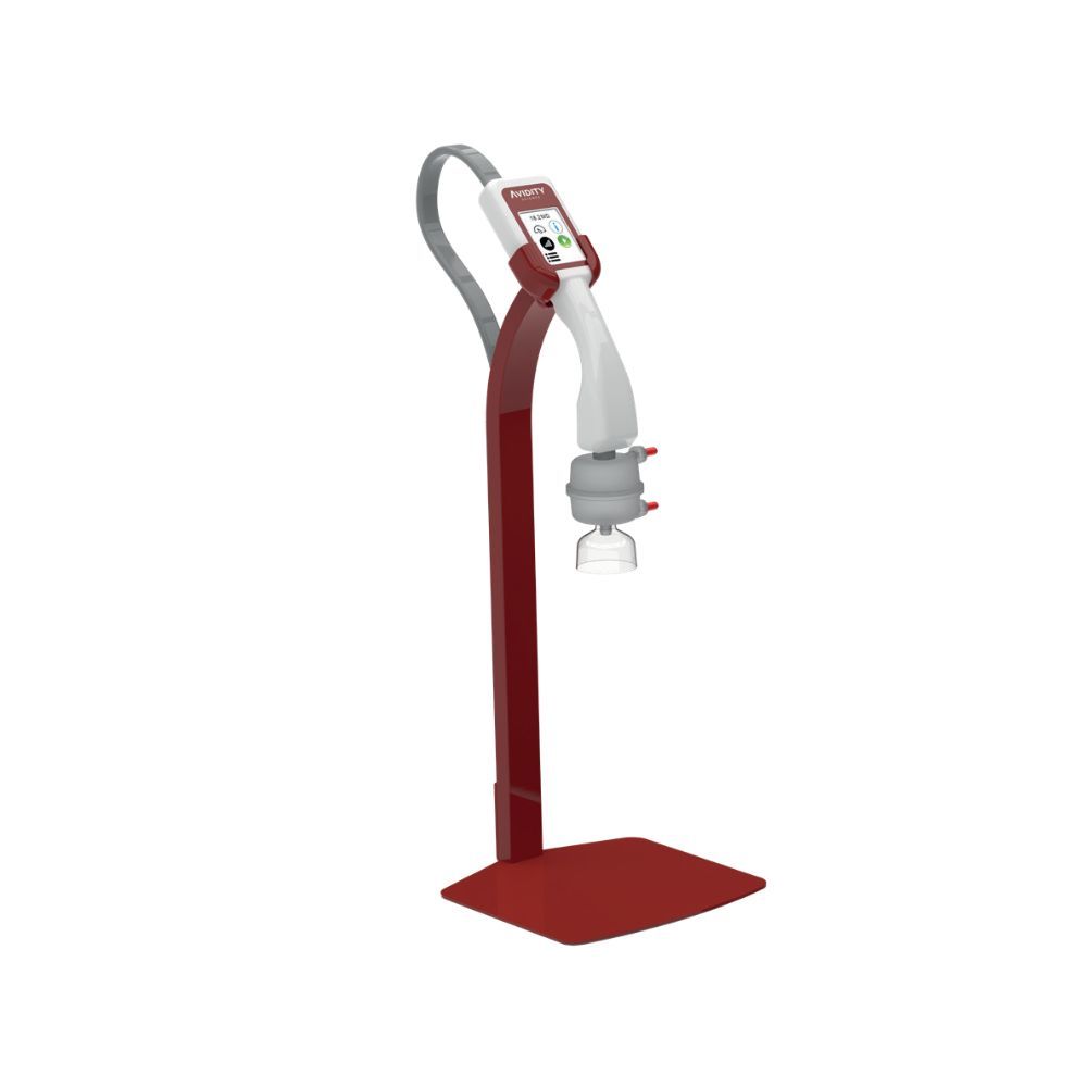 A standalone, red and white water dispensing unit for ALTO™ I Ultrapure Water Purification System from Avidity Science, equipped with a digital screen on top for controlling or monitoring the water purification process.