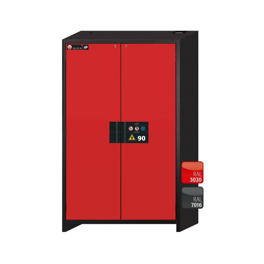 Asecos Q-CLASSIC-90 safety storage cabinet with red wing doors and black frame, model Q90.195.120 for flammable liquid storage.