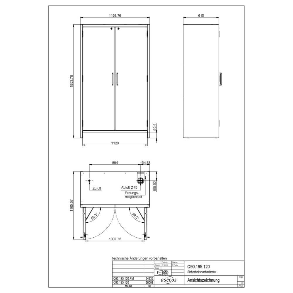 Technical specification diagram of Asecos Q90.195.120 safety storage cabinet showing external and internal dimensions, base and ventilation layout.