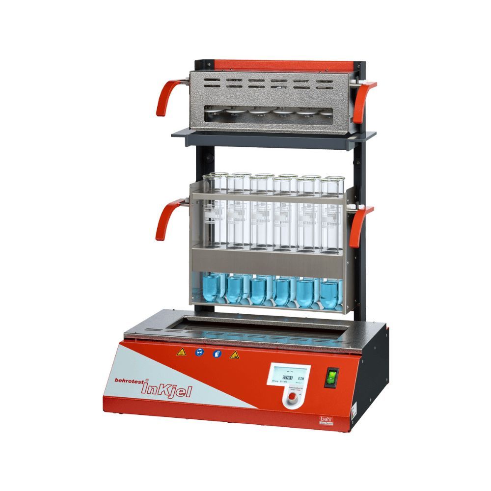 Digestion unit for nitrogen determination with test tubes, red handles, and a digital control panel for block heating applications.