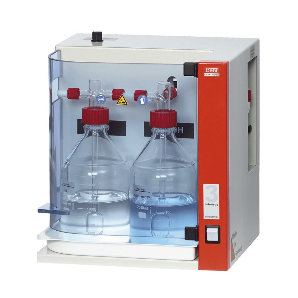 Reagent container unit for nitrogen determination with two labeled bottles, a clear panel, and tubing for controlled chemical dispensing.
