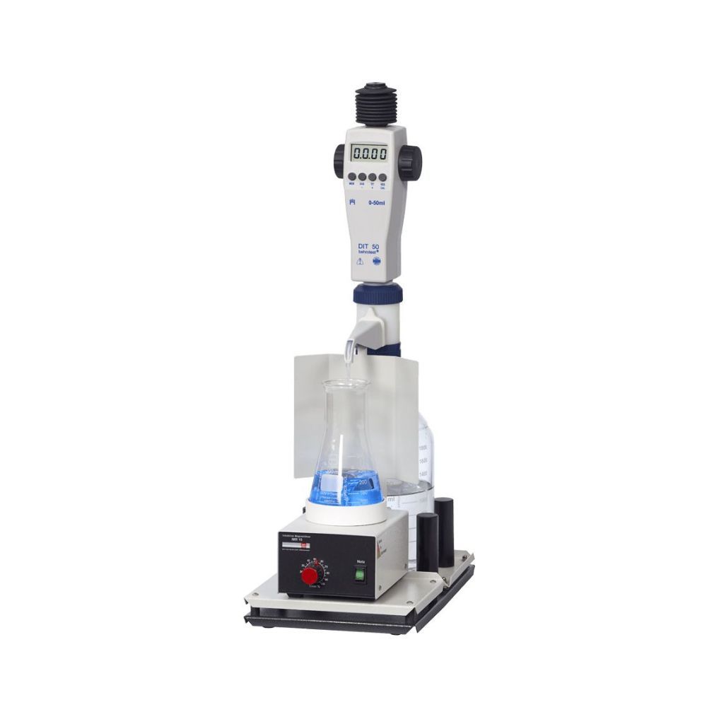Titration setup for nitrogen determination with a burette, beaker containing a blue solution, and a digital controller for precision.