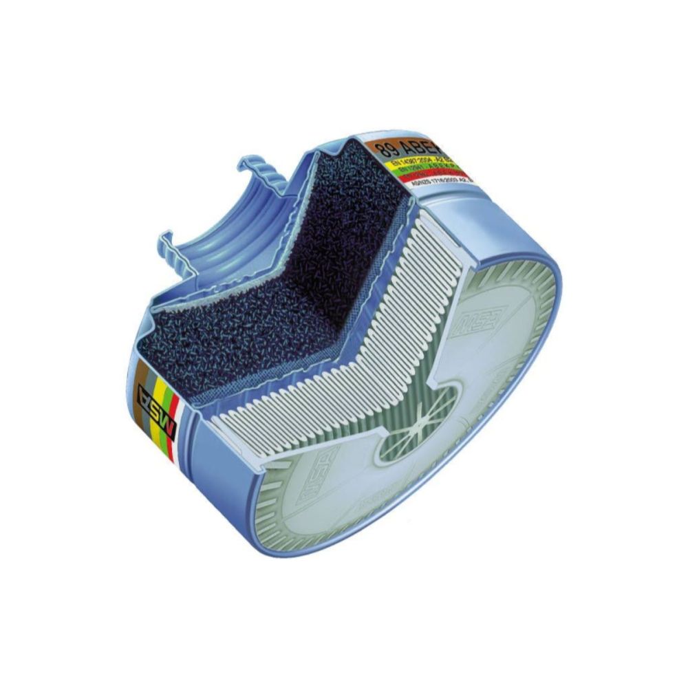 AUER Combined Filter 93 ABEK-Hg/St cutaway view showing multi-layer filtration system for organic vapors, inorganic gases, acid gases, ammonia, mercury vapor, and particulates.