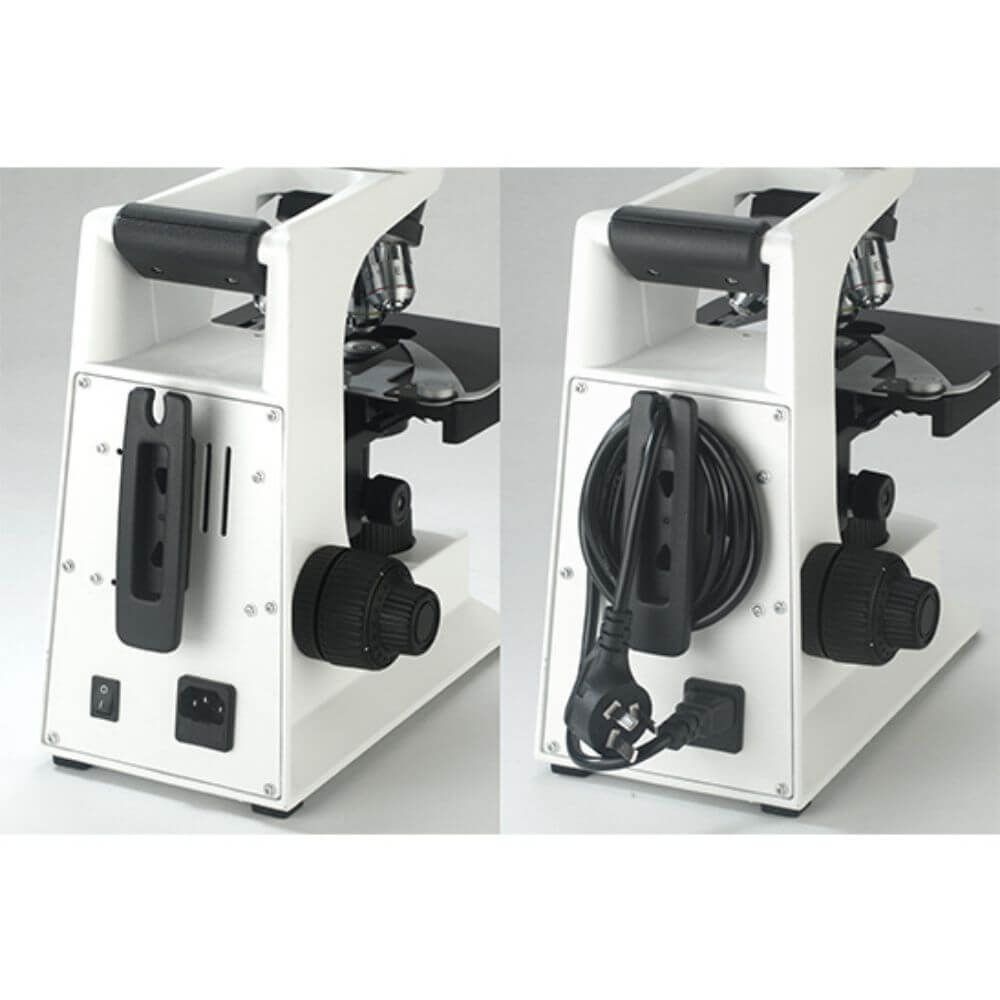 Rear view of BS-2036CT trinocular biological microscope displaying power connection and integrated cord storage feature.