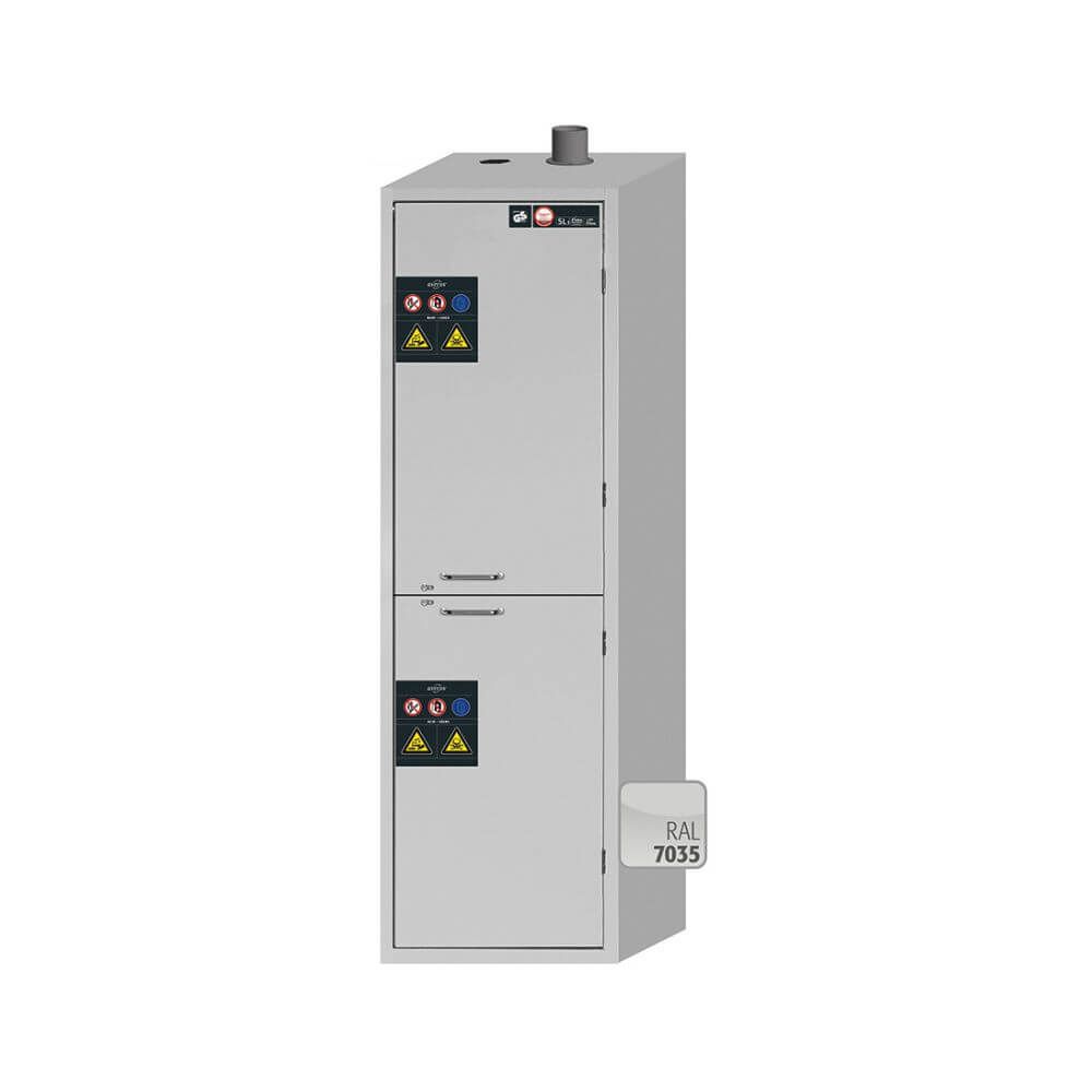 Tall, grey chemical safety cabinet with front-facing double doors and warning labels, designed for storing acids and alkalis; shown in standard RAL 7035 colour.