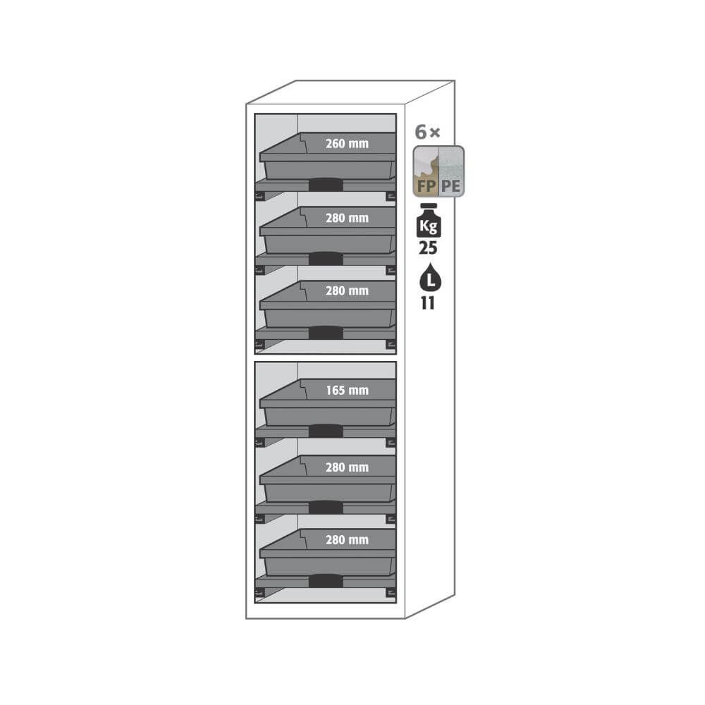 Illustration of the cabinet’s interior showing six pull-out trays labelled with dimensions and capacity indicators, each tray holding up to 25 kg or 11 litres.