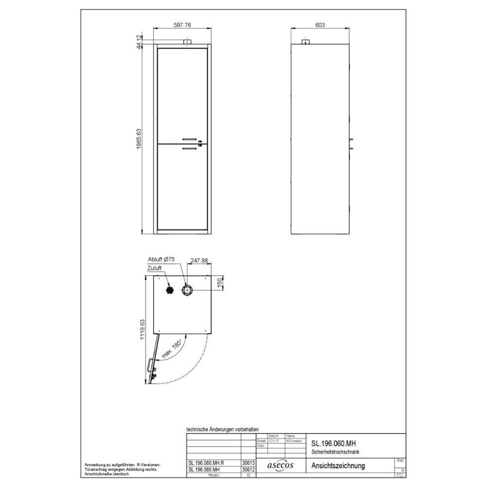 Technical schematic of the SL-196.060.MH-R safety cabinet with detailed measurements, airflow inlet/outlet locations, and front, side, and top elevation views.