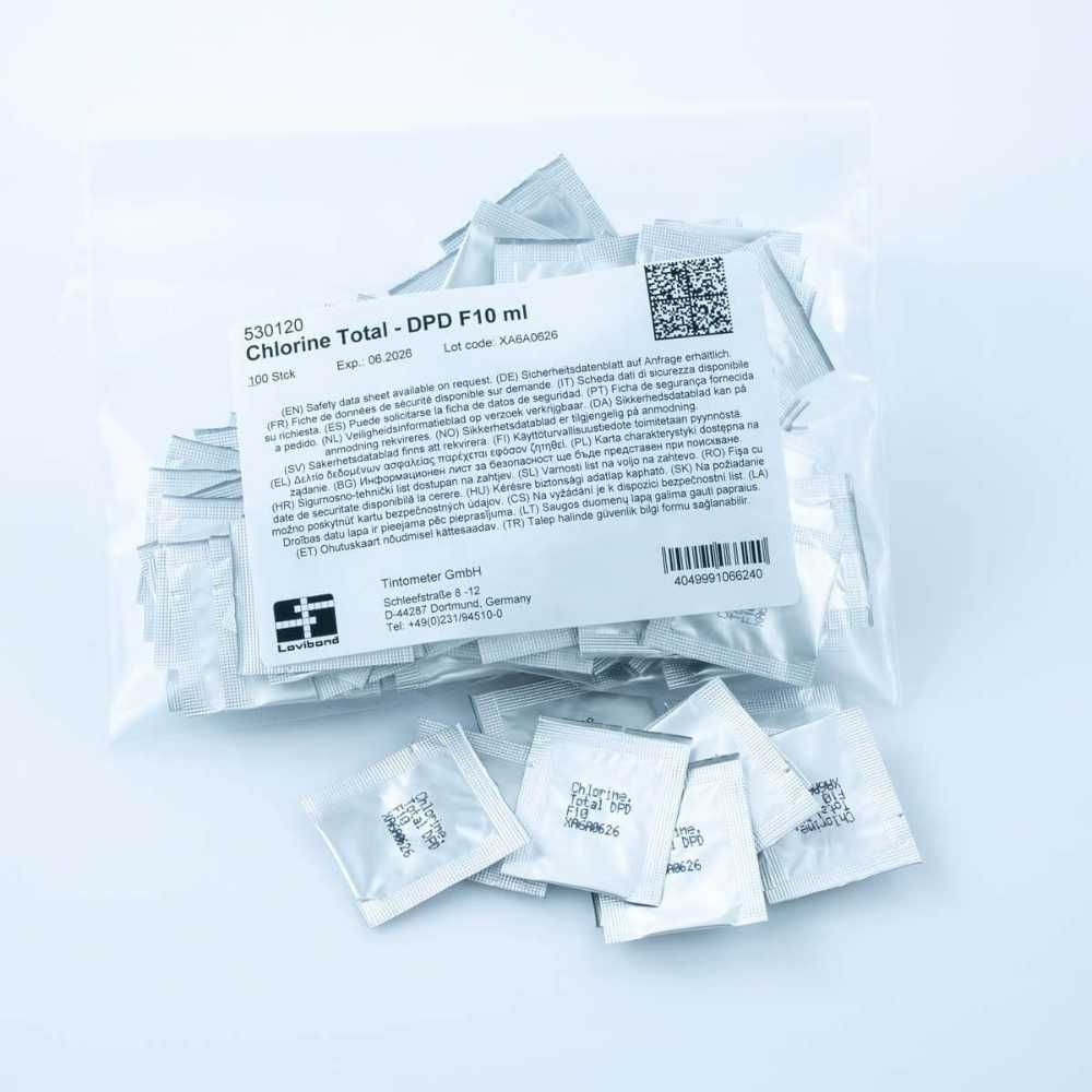 A sealed plastic bag containing Chlorine Total DPD F10 reagent sachets, labeled with product details, lot code, and expiration date.
