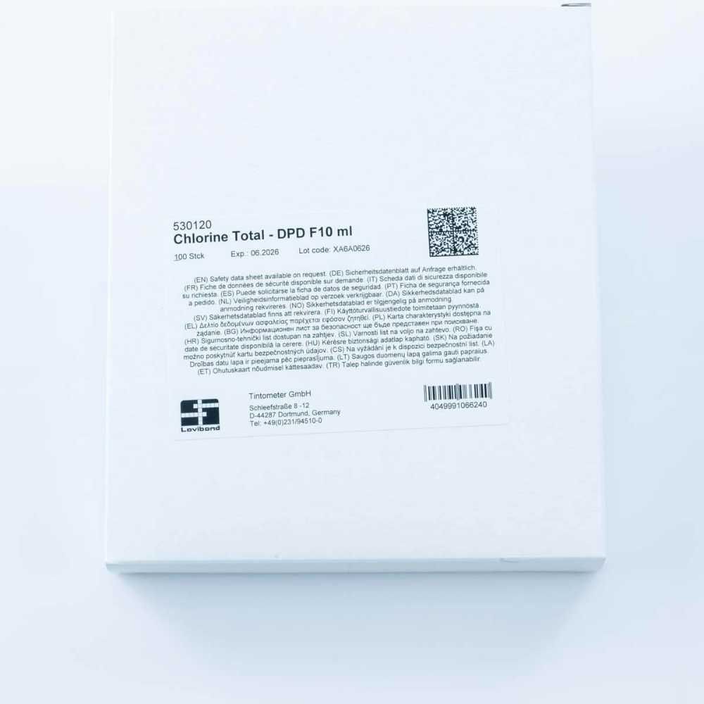 A white box labeled Chlorine Total DPD F10, containing 100 reagent sachets for chlorine testing, with product details and a QR code.
