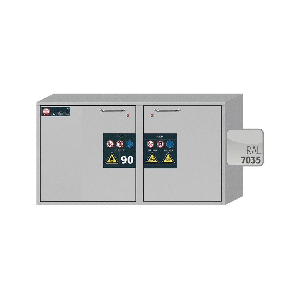 Front view of asecos K-LINE combi under-bench cabinet model K90.060.110.050.UB.2T in RAL 7035 with Type 90 and corrosive material labels