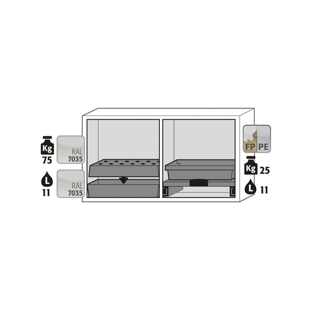 Internal configuration of asecos combi cabinet K90.060.110.050.UB.2T with perforated insert, sump, and pull-out shelf