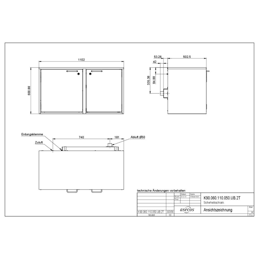 Technical drawing of asecos K90.060.110.050.UB.2T under-bench cabinet showing dimensions, ventilation ports, and layout