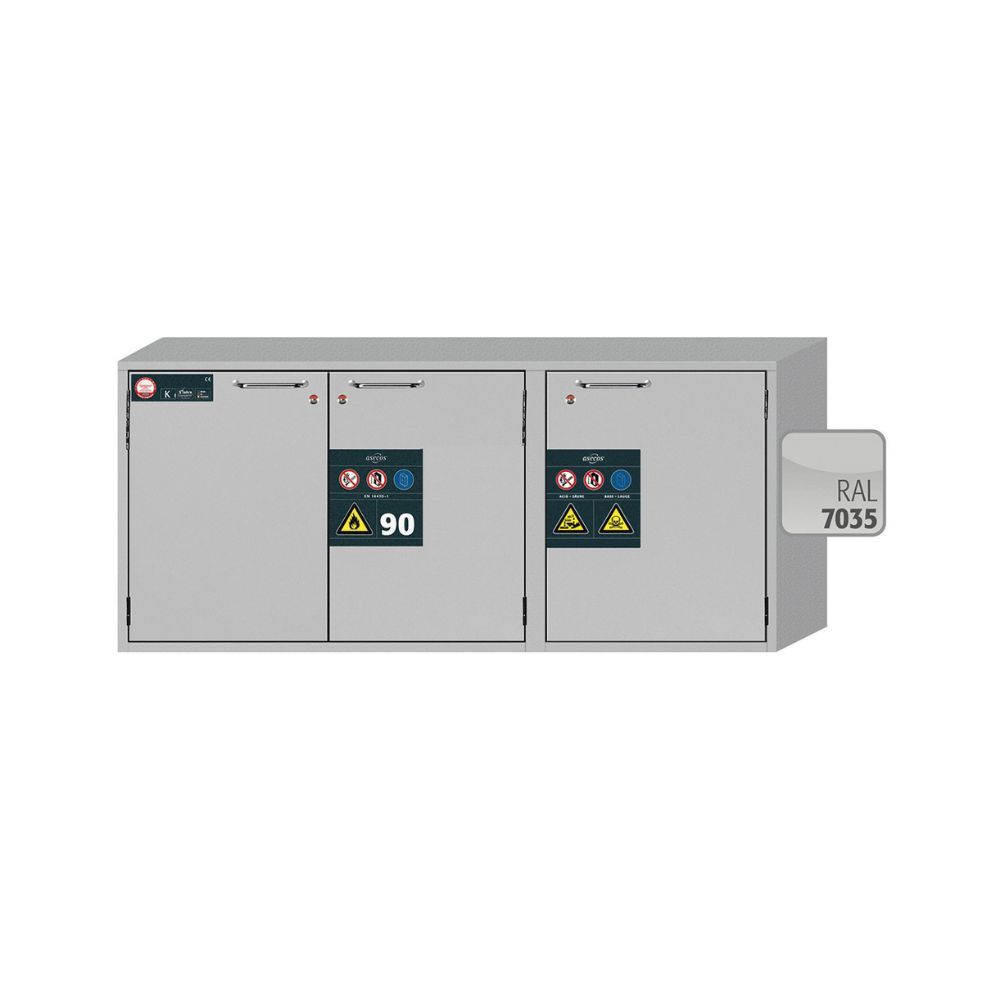 Front view of asecos K90.060.140.050.UB.3T under-bench combi safety cabinet with three doors and dual hazard labels, RAL 7035 light grey finish