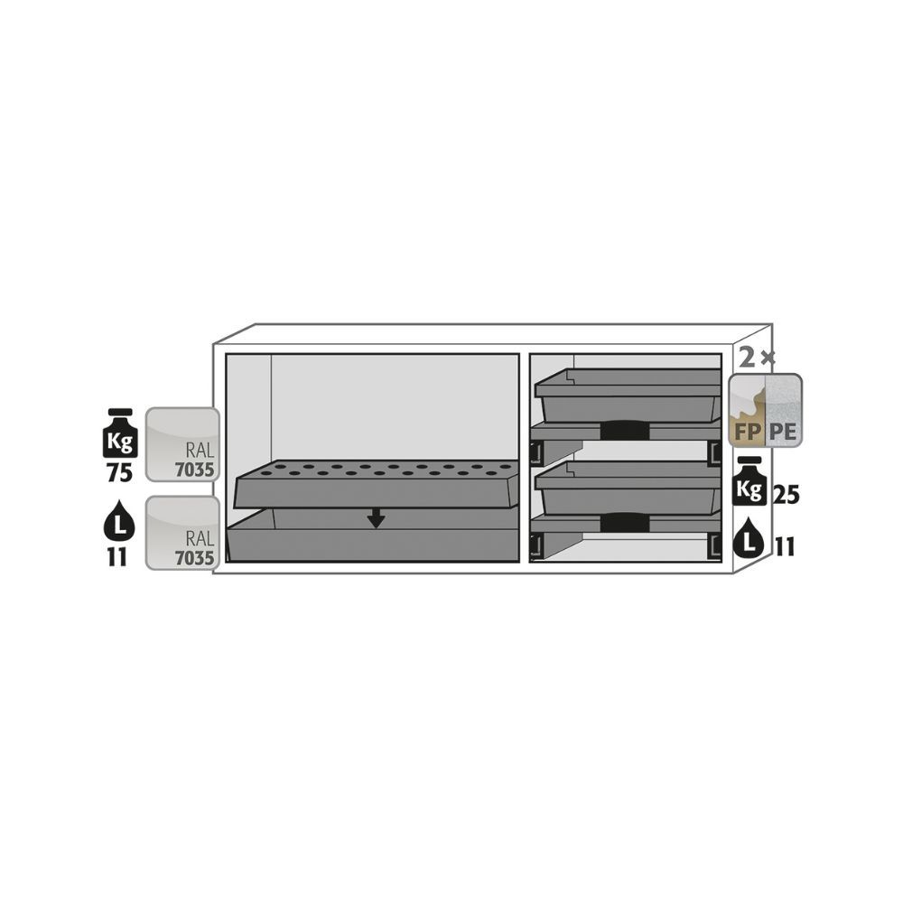 Internal compartment layout of asecos K90.060.140.050.UB.3T showing one perforated tray and two pull-out shelves with PE sumps