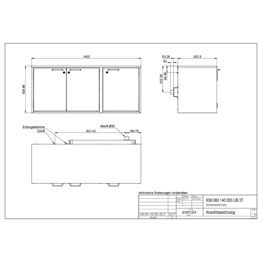 Technical drawing of asecos K90.060.140.050.UB.3T showing external dimensions, ventilation port placement, and depth specifications