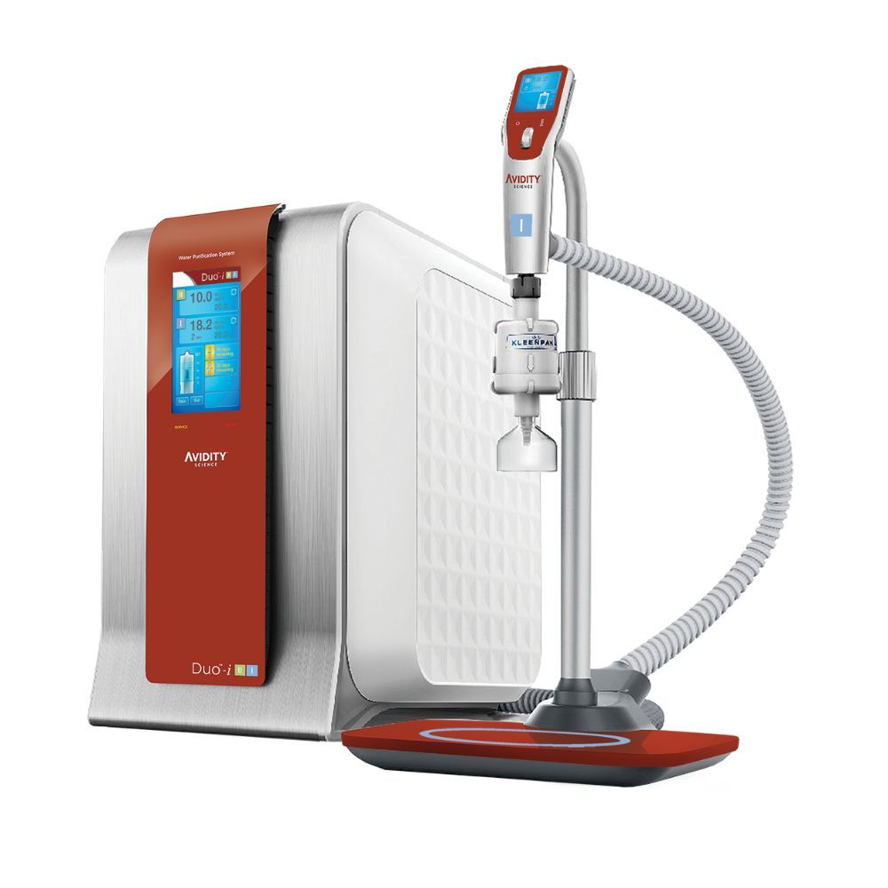 DUO™-i II.I Laboratory Water Purification System by Avidity Science, featuring a sleek silver and red design. The system includes a main unit with a digital display and a connected dispenser arm with a flexible hose.