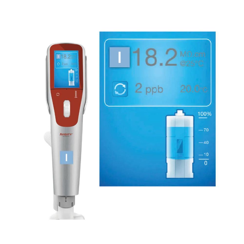 A detailed view of the Type 1 water dispenser of the Avidity Science DUO™-i II.I Laboratory Water Purification System, displaying a digital screen that shows water purity levels, temperature, and other indicators.