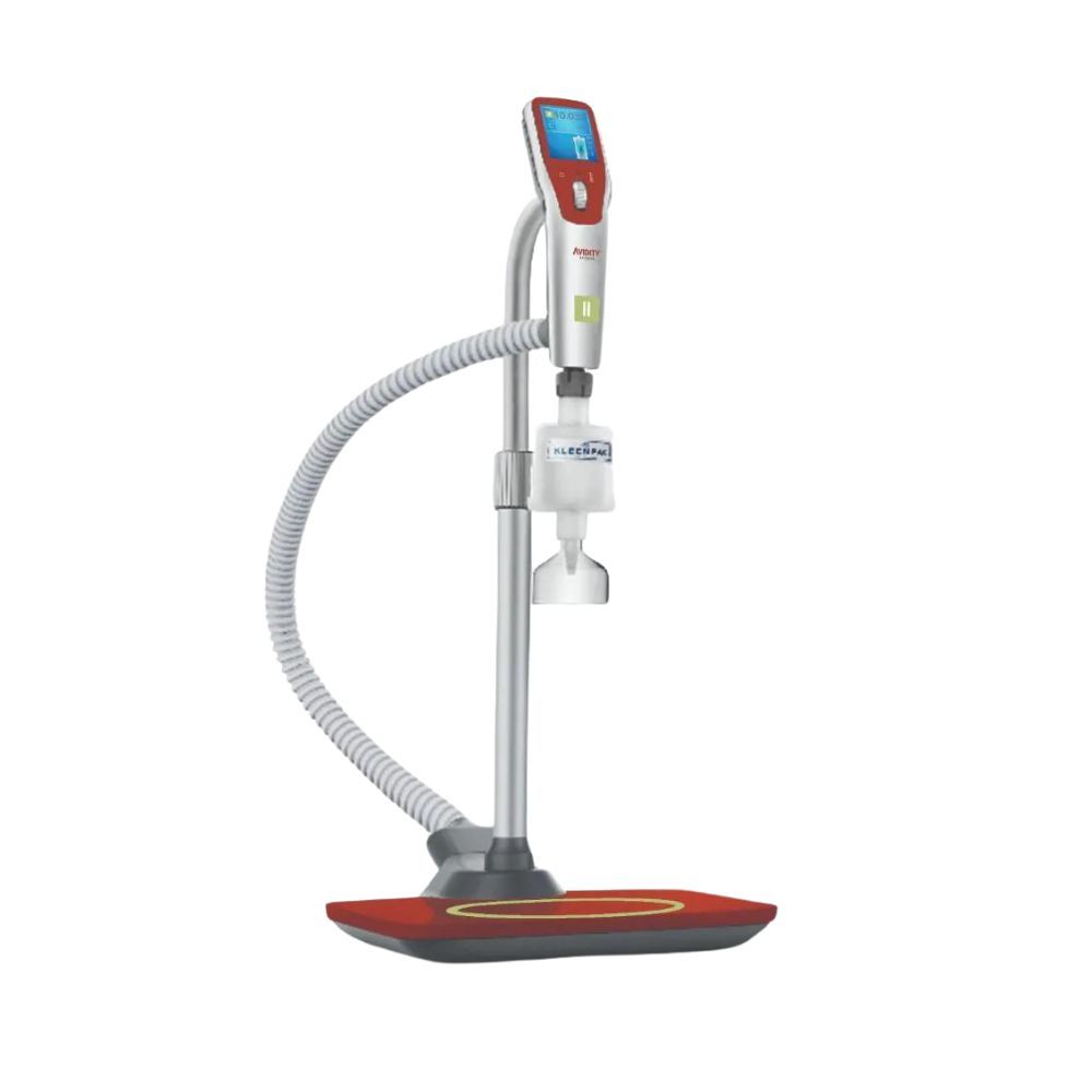 The Avidity Science DUO™-i II.I Laboratory Water Purification System Type 2 water dispenser, showing the red base and the connected dispensing arm with the control panel.