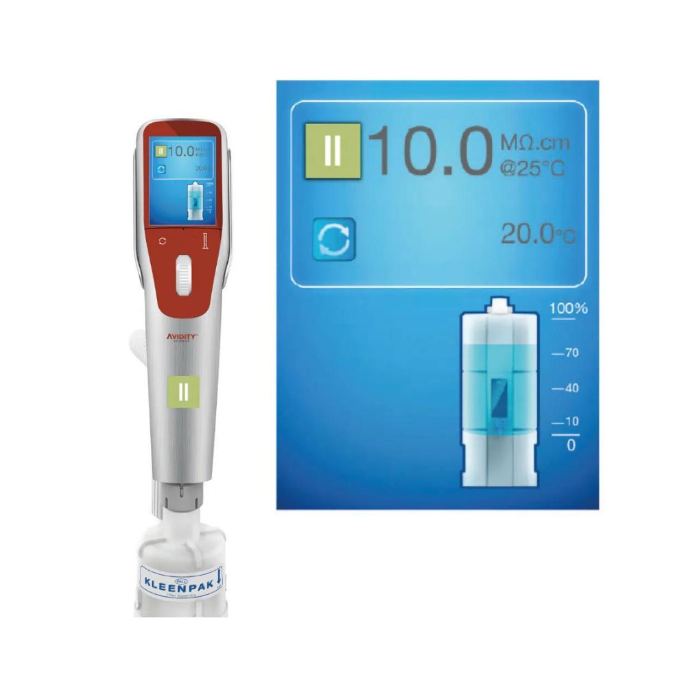 A close-up of the digital display of the Type 2 water dispenser on the Avidity Science DUO™-i II.I Laboratory Water Purification System, highlighting water purity metrics such as resistivity, temperature, and remaining filter life.