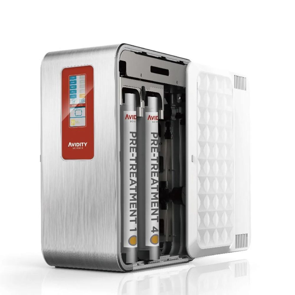 The main unit of the Avidity Science DUO™-i II.I Laboratory Water Purification System with the side open, revealing the pre-treatment modules labelled 