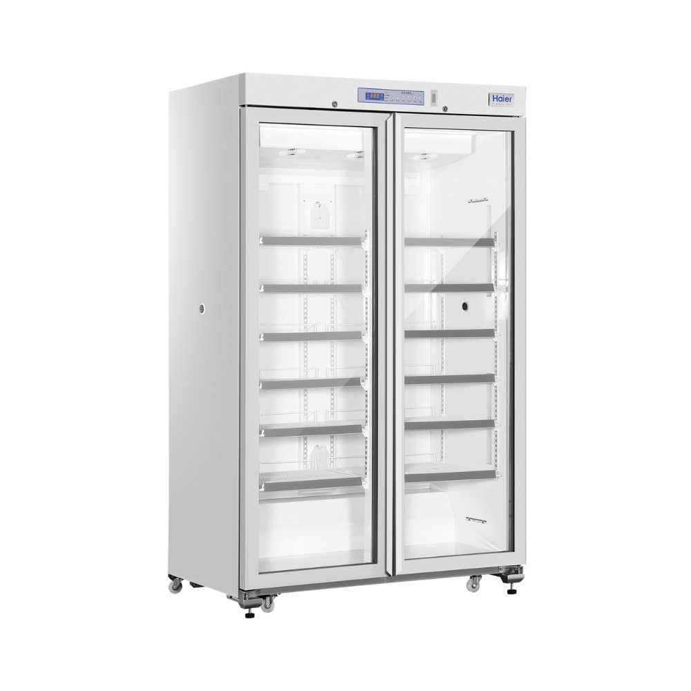 Side view of Haier HYC-1031GD Pharmacy Refrigerator showcasing glass doors and transparent shelving for efficient organization.