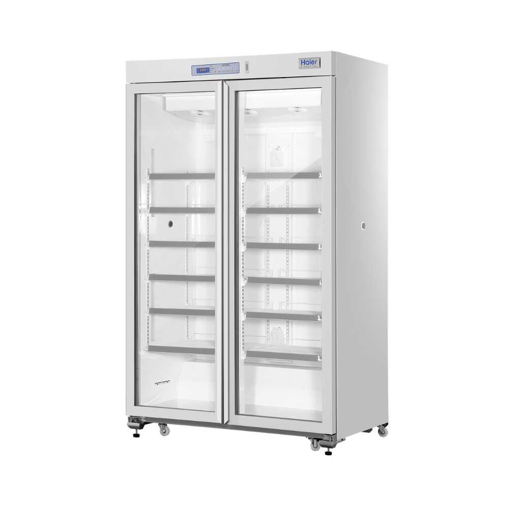 Close-up of the Haier HYC-1031GD refrigerator shelves for easy access to medical and pharmaceutical products.