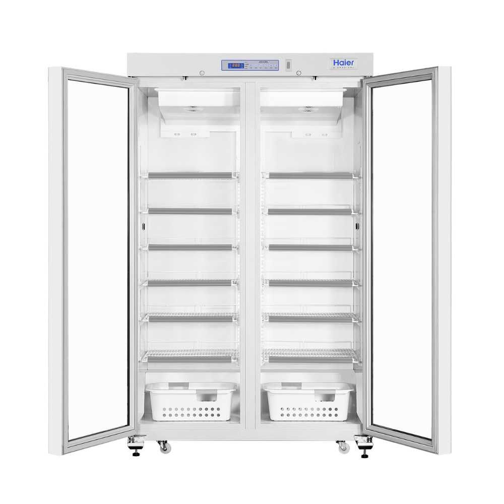 Fully open Haier HYC-1031GD Pharmacy Refrigerator displaying organized storage layout and cooling control panel.
