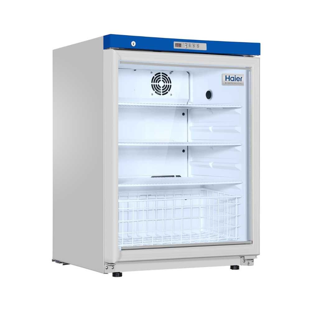 Side views of the HYC-118A Under Counter Pharmacy Refrigerator with glass door and adjustable shelves, ideal for medical storage.