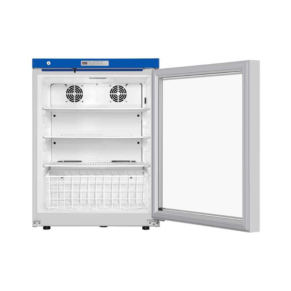 Front view of the HYC-118A Under Counter Pharmacy Refrigerator, door open showing spacious storage shelves and wire basket.
