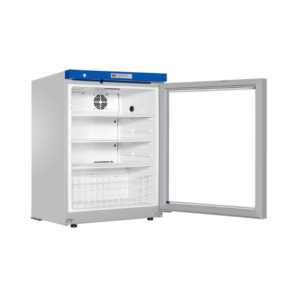 Side views of the HYC-118A Under Counter Pharmacy Refrigerator with glass door open, highlighting adjustable shelves and bottom wire storage basket.