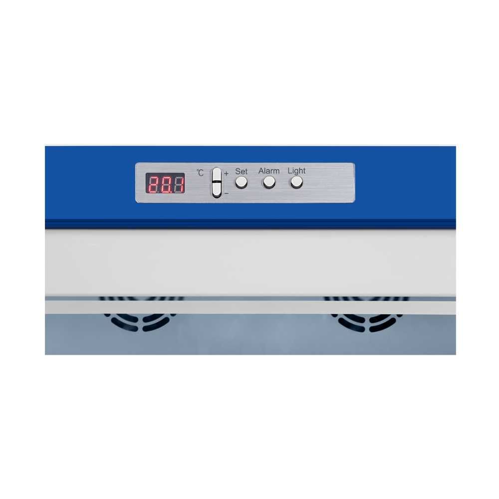 Temperature control panel of the HYC-118A Under Counter Pharmacy Refrigerator, with digital display and alarm settings.