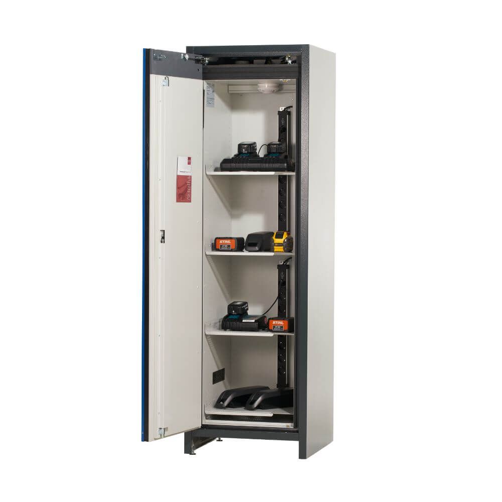 Open ION-CORE-90 safety cabinet with lithium-ion batteries on shelves.