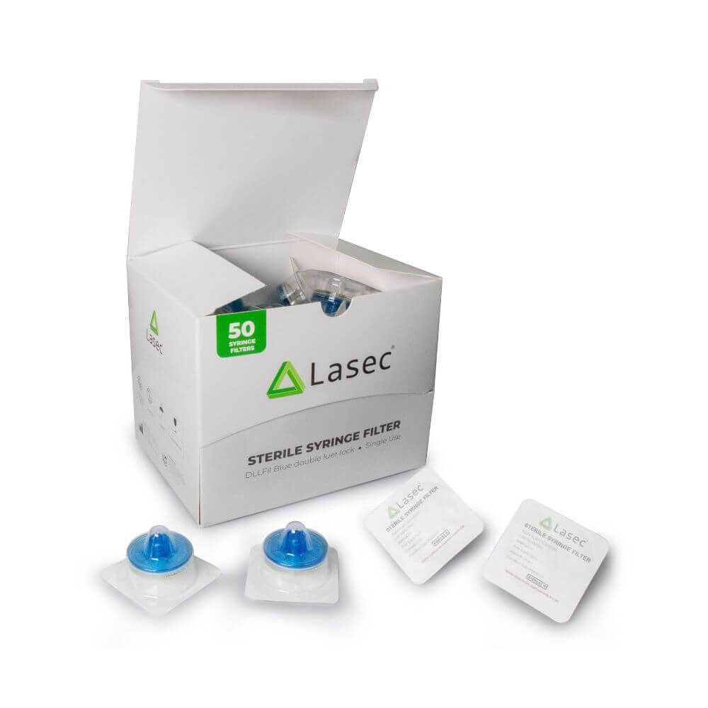 LASEC Syringe Filters | DLLFil™ CA Membrane | 0.22 um, 28 mm, Sterile, Luer Lock, Pack of 50