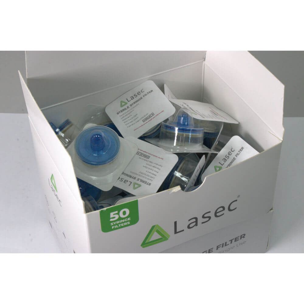 Lasec sterile syringe filter box opened, displaying several 0.22 μm filters outside, each individually packaged as single-use filters with a blue double Luer lock for lab use.