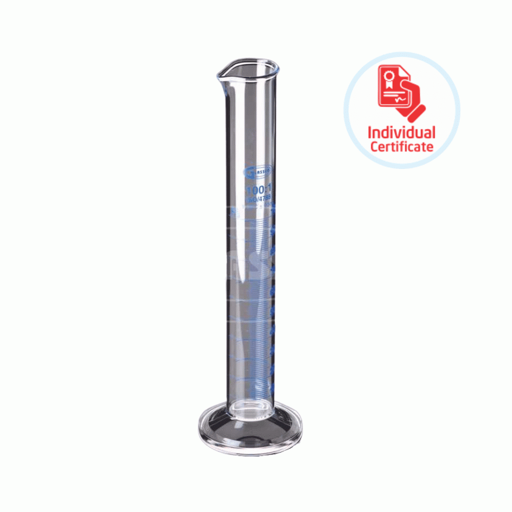 Glassco 50 mL borosilicate glass measuring cylinder featuring a pouring spout, durable hex base, and certified ISO 4788 accuracy, ideal for lab use and general liquid measurement.