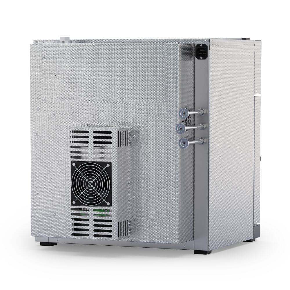 Rear view of Memmert m360 VO29cool 29L cooled vacuum oven showing cooling fan and connection ports.