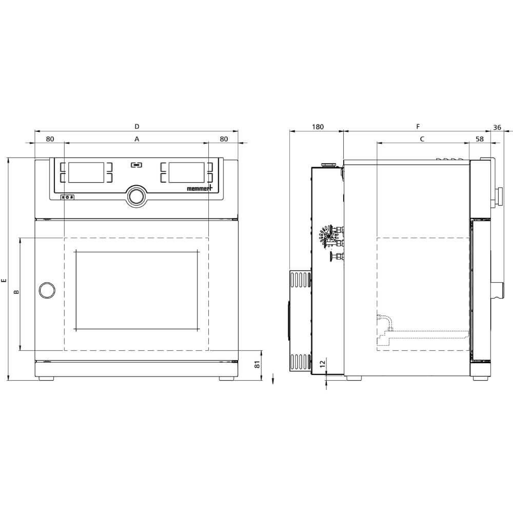 Technical drawing of Memmert m360 VO29cool 29L cooled vacuum oven with front and side dimensions.