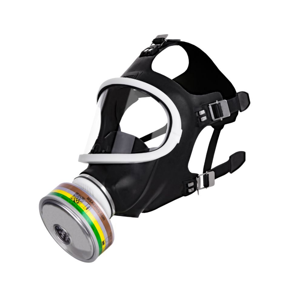 MSA 3S Basic Plus full-face respirator mask with ABEK filter cartridge attached, side view showing white sealing frame and black harness straps.