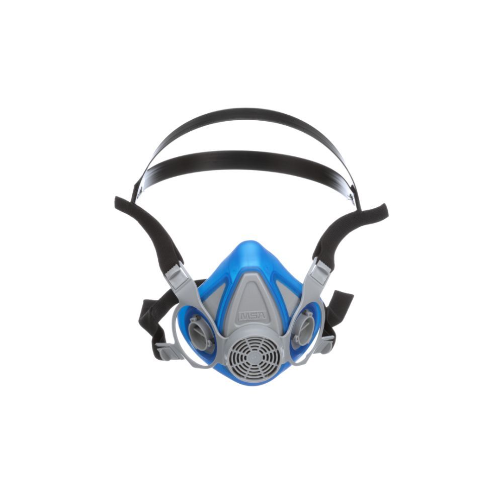 Front view of MSA Advantage 200 LS half-mask respirator medium in blue and grey with dual adjustable straps.