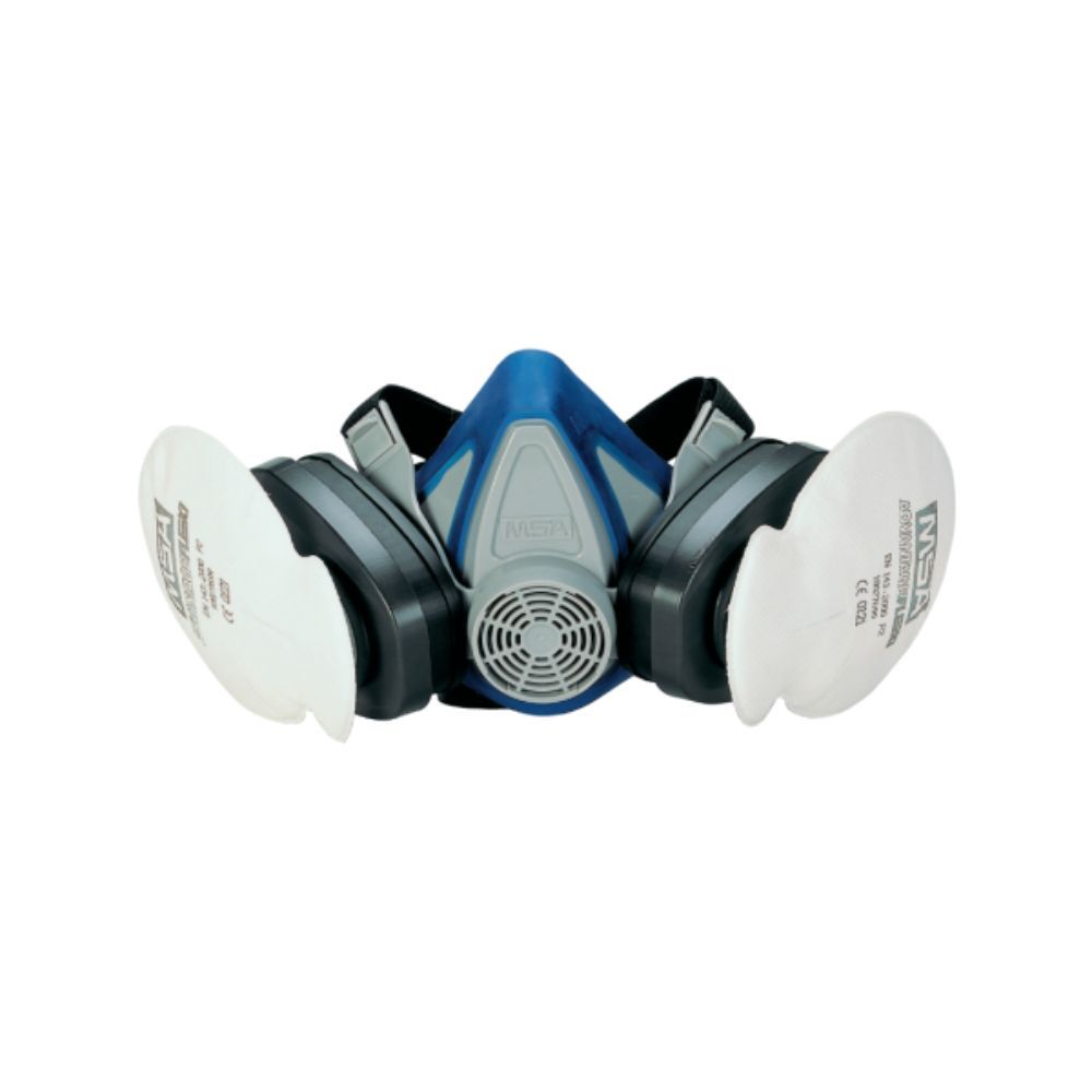 MSA Advantage 200 LS half-mask respirator medium with dual P100 filters attached for industrial and laboratory respiratory protection.