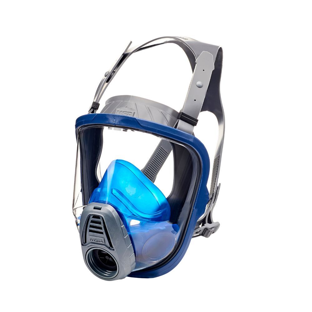 MSA Advantage® 3100 full-facepiece respirator with single-thread connection and blue inner mask, size medium.