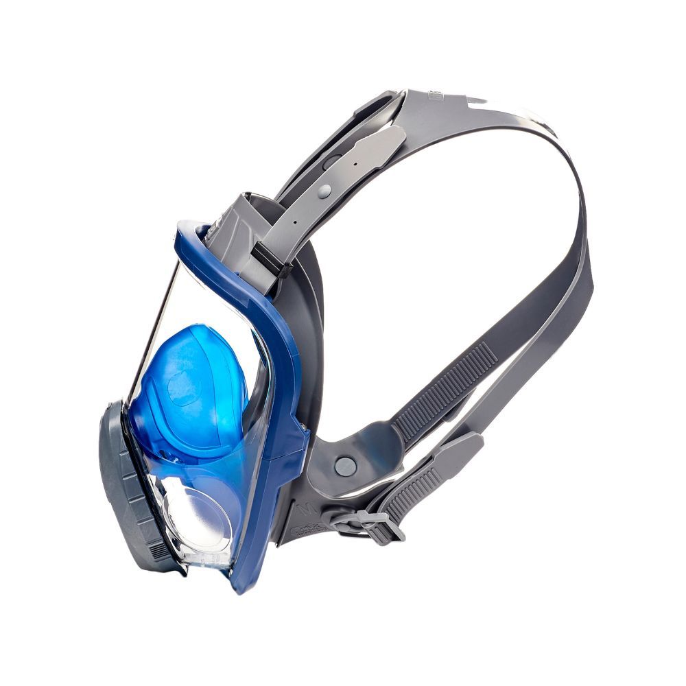 Side view of MSA Advantage® 3100 full-face respirator with blue inner mask and Advantage harness, medium size.