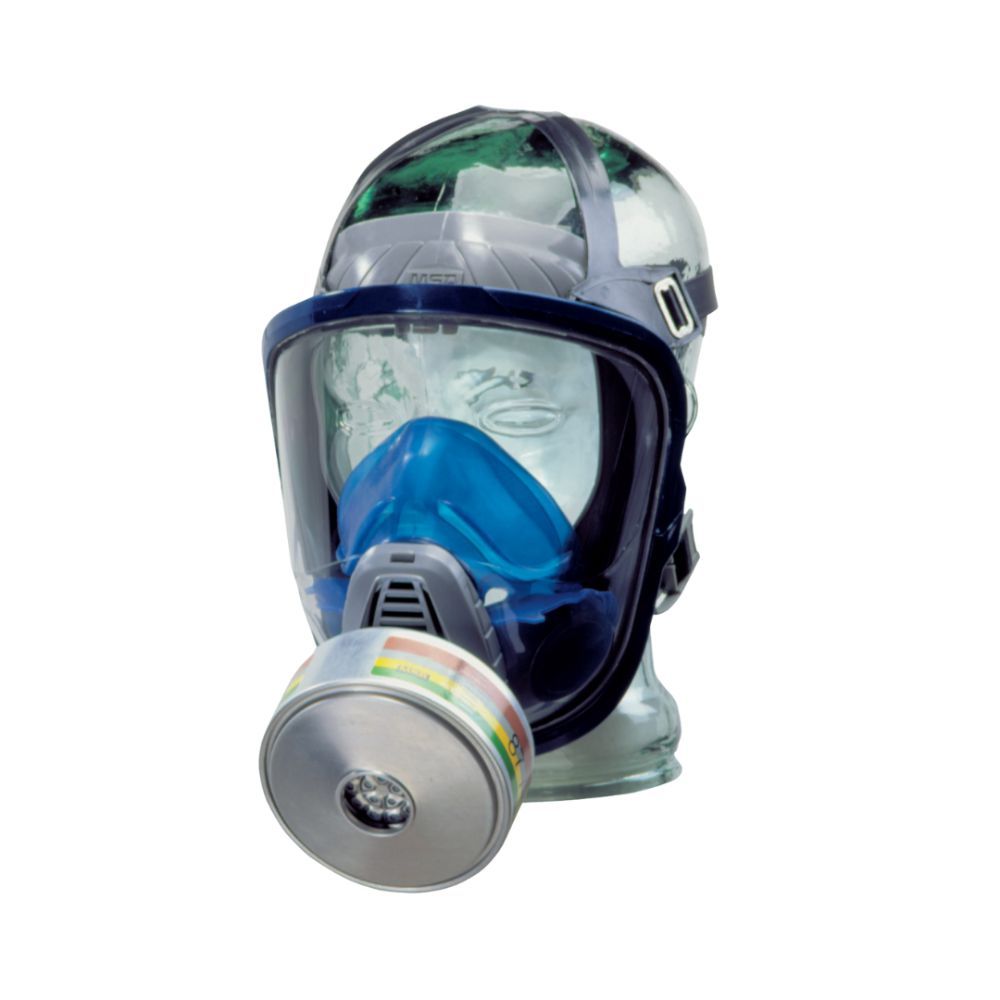 MSA Advantage® 3100 full-facepiece respirator with single-thread ABEK filter cartridge attached, shown on demo head.